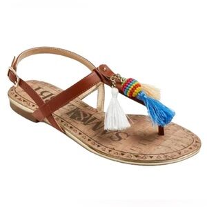 Sam & Libby Boho Embellished Thong Sandals Tassels Women's 9.5 Tan Summer Casual